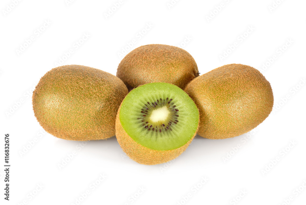 whole and cut fresh kiwi on white background whole and cut fresh kiwi on white background
