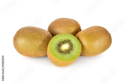 whole and cut fresh kiwi on white background