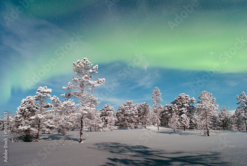 Nordlicht / Aurora Borealis bei Vollmond.
Malangen, Nordnorwegen.  photo