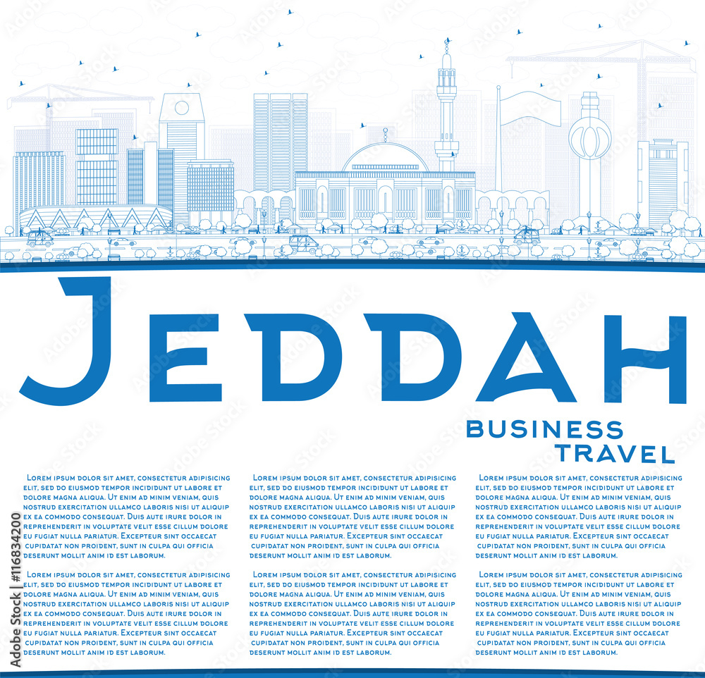 Outline Jeddah Skyline with Blue Buildings and Copy Space.