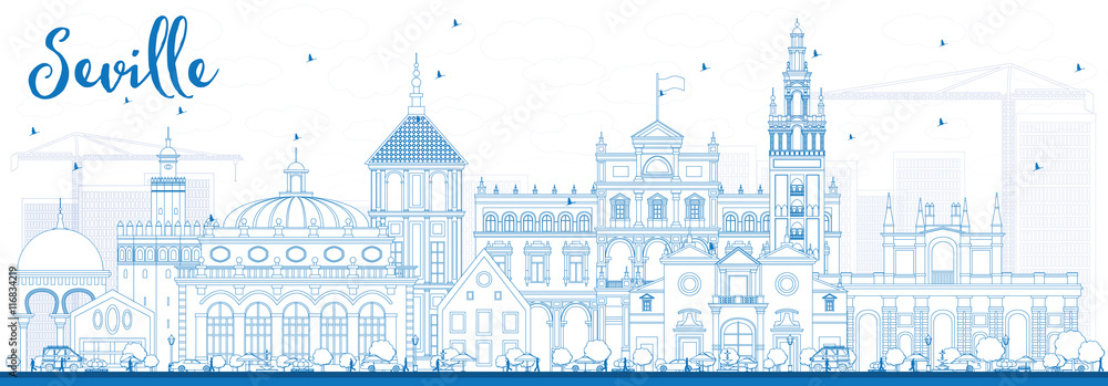 Fototapeta premium Zarys panoramę Sewilli z niebieskimi budynkami.