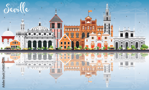 Seville Skyline with Color Buildings, Blue Sky and Reflection.