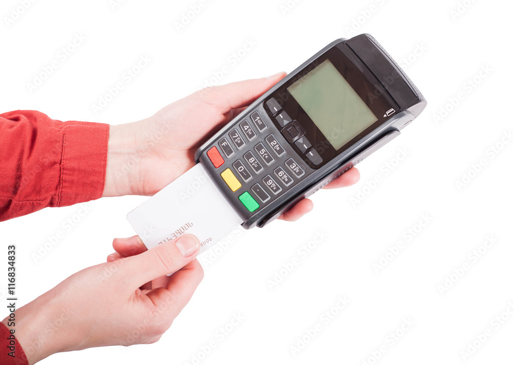 Card machine pos terminal with inserted card isolated on white background Card machine pos terminal with inserted card isolated on white background