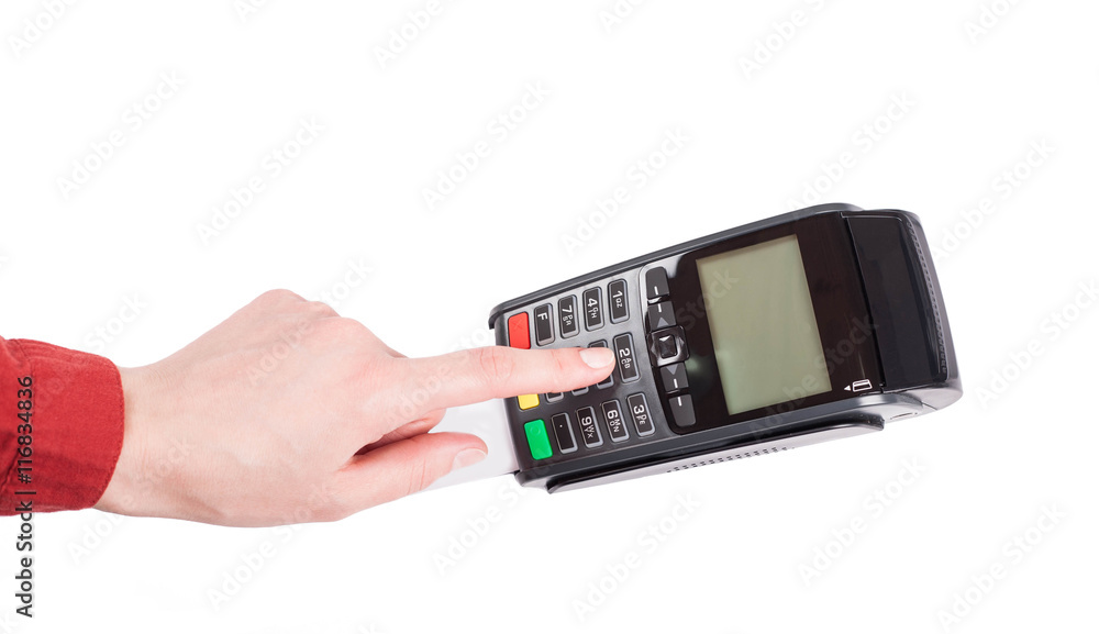 Dialing pin code using pos terminal isolated on white background Dialing pin code using pos terminal isolated on white background