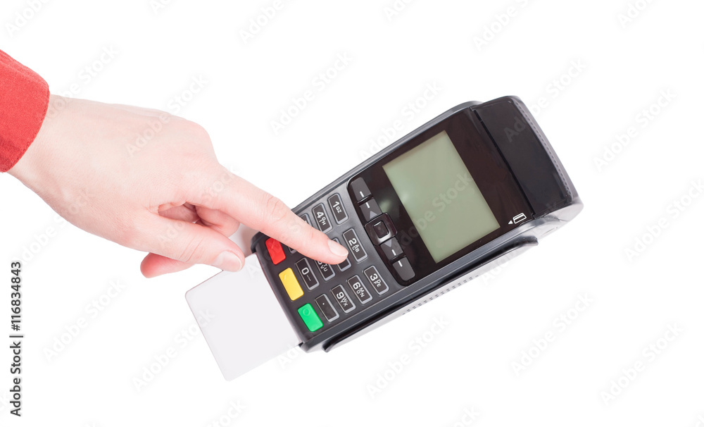 Dialing pin code using pos terminal isolated on white background Dialing pin code using pos terminal isolated on white background