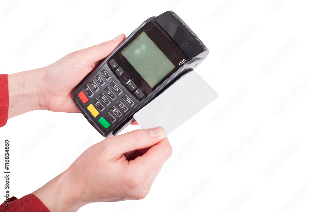 swiping credit card and pos terminal or card machine isolated on white background swiping credit card and pos terminal or card machine isolated on white background