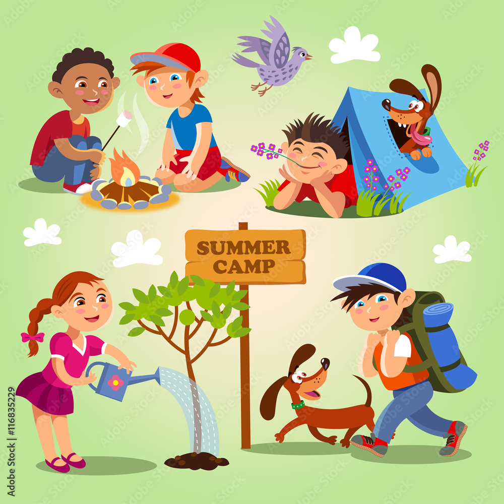 Spring and summer child's outdoor activities. Summer camp. Vector set on a  yellow-green background in cartoon style Stock Vector | Adobe Stock