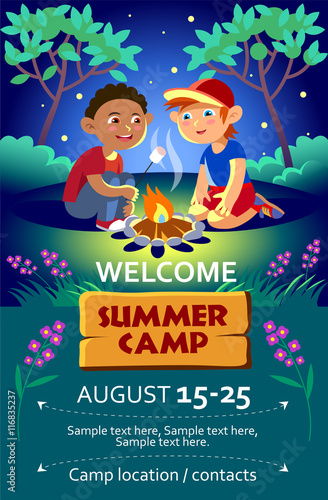 Kid's summer camp poster or flier. Vector illustration in cartoon style with two boys near campfire.