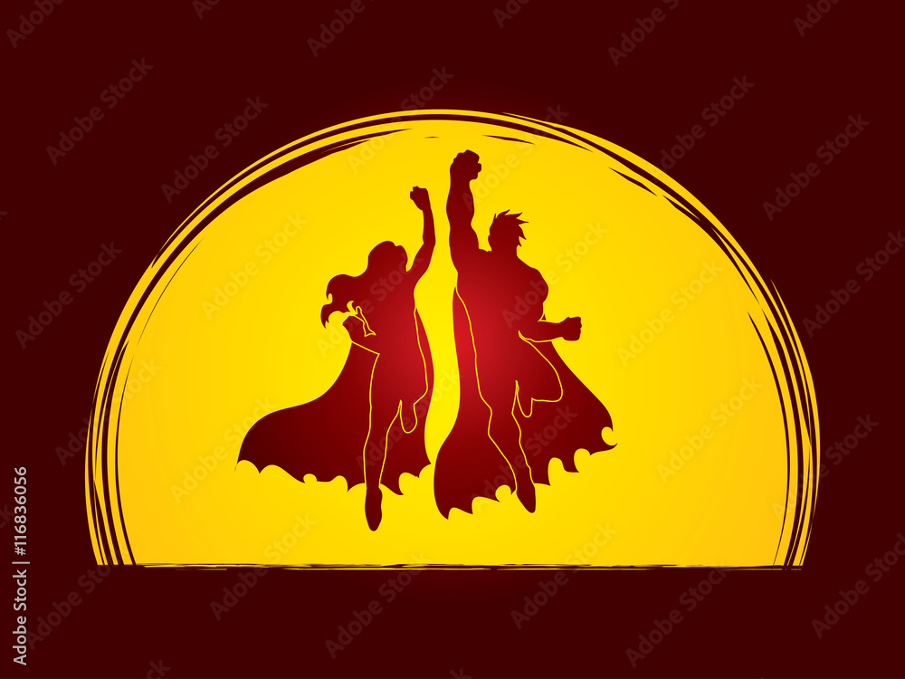 Superhero Man and Woman jumping designed on moonlight background graphic vector.