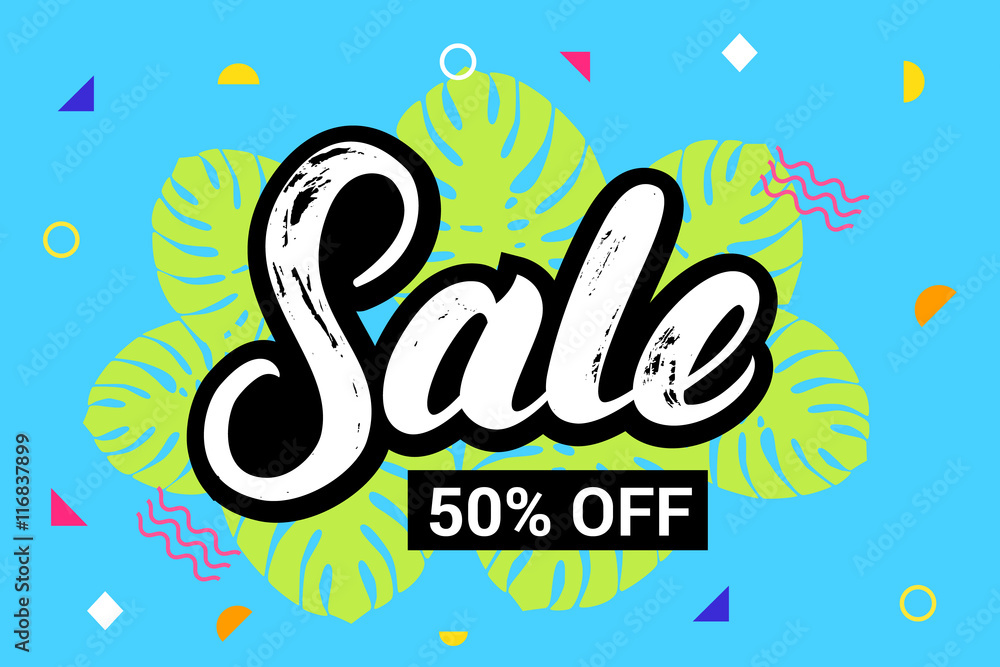 Sale 50 persent off hand written lettering on colorful summer background. Sale 50 persent off hand written lettering on colorful summer background.
