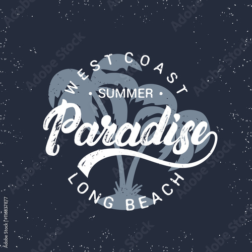 Summer paradise hand written lettering with palms illustration.