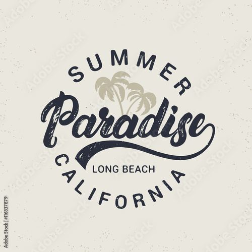 Summer paradise hand written lettering with palms illustration.