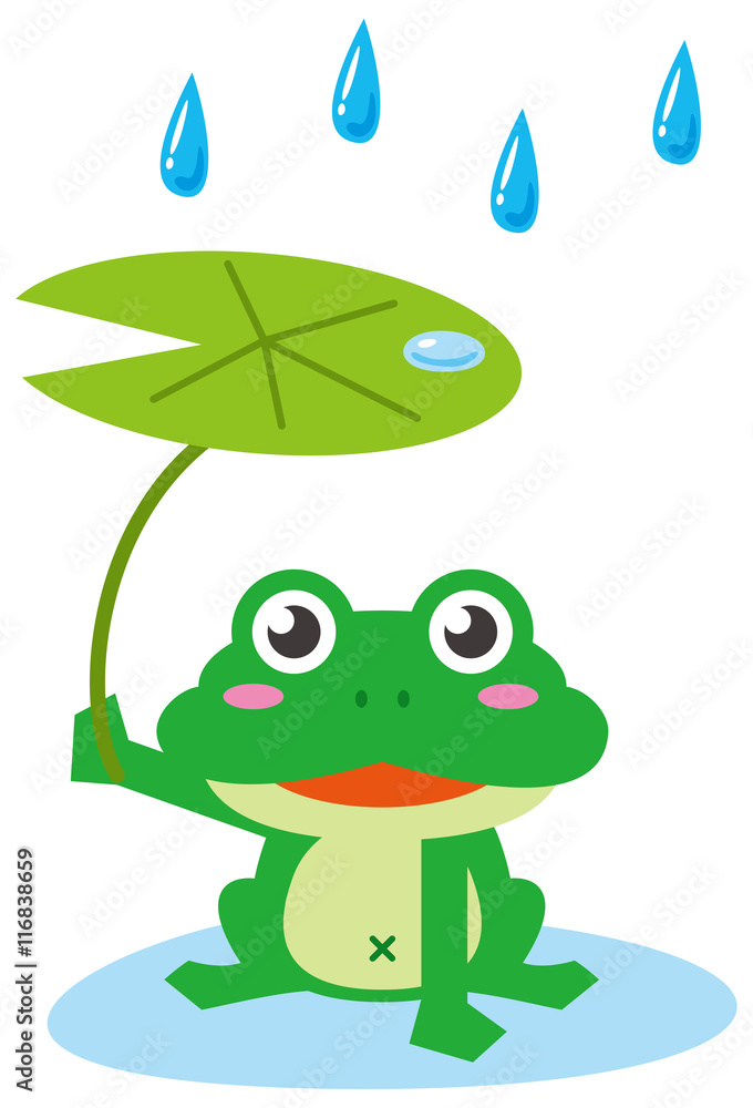 雨降りにカエルが葉っぱ傘をさしているイメージイラスト Stock Vector Adobe Stock