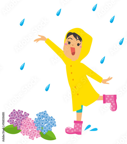 レインコートを着る女の子とあじさいの花のイメージイラスト