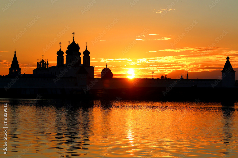 sunset on the river Russia monastery