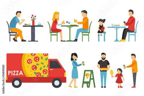 People in a flat interior. Pizza icons set. Cashier  Deliveryman  Customers  Bistro  Waiters  Delivery. Pizzeria conceptual web vector illustration. 
