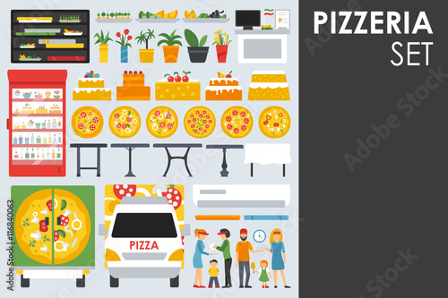 Big detailed Pizzeria Interior flat icons set. Pizza conceptual web vector illustration. 