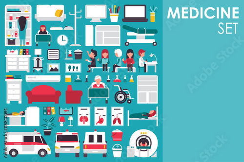 Medical Big Collection in flat design background concept. Infographic elements set with hospital staff doctor and nurse around medicine tools equipment