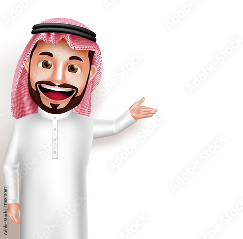 Saudi arab man vector character wearing thobe happy showing empty white space for message and text. Vector illustration.
