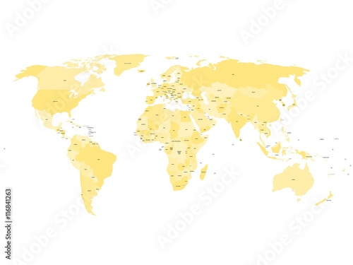 World map with names of sovereign countries and larger dependent territories. Simplified vector map in four shades of yellow on white background.