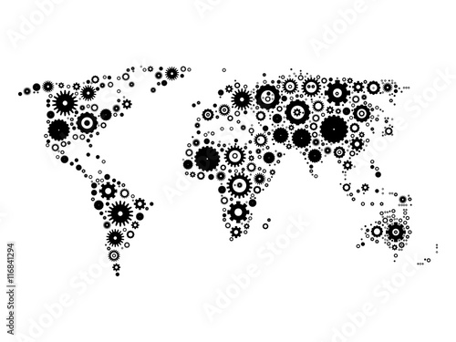 World map mosaic of black cog wheels on white background. Industrial theme. Vector illustration.