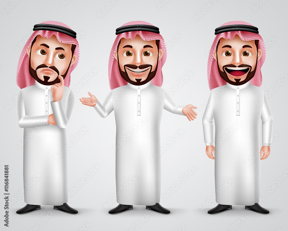 Saudi arab man vector character set wearing thobe and gutra with different friendly gesture like thinking, speaking and presenting. Vector illustration.
Saudi arab man vector character set wearing thobe and gutra with different friendly gesture like thinking, speaking and presenting. Vector illustration.