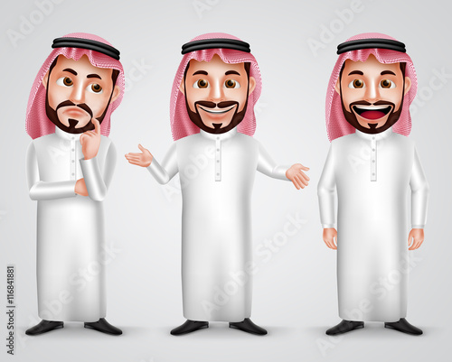 Saudi arab man vector character set wearing thobe and gutra with different friendly gesture like thinking, speaking and presenting. Vector illustration.
