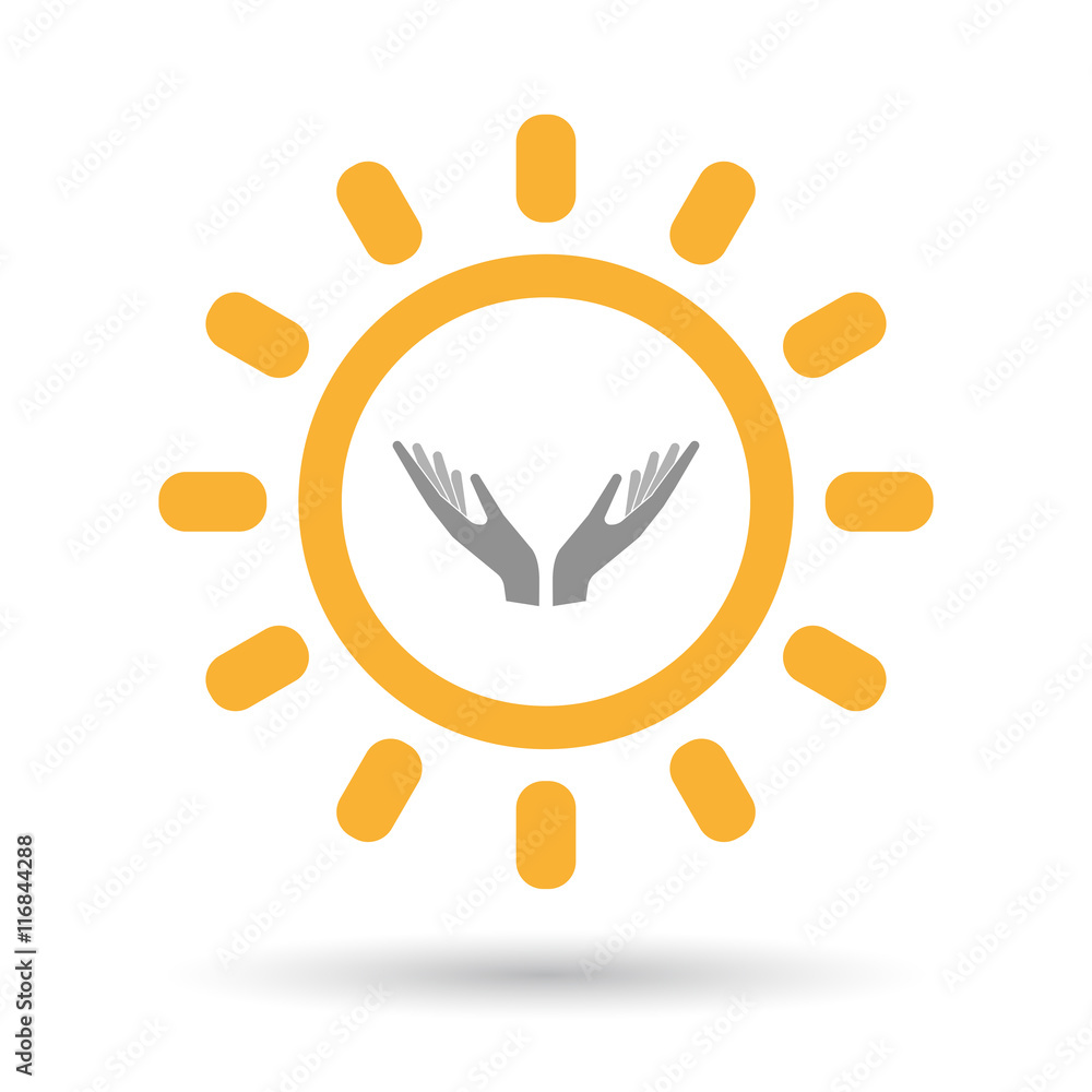 Fototapeta premium Isolated line art sun icon with two hands offering