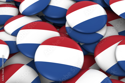 Netherlands Badges Background - Pile of Dutch Flag Buttons 3D Illustration