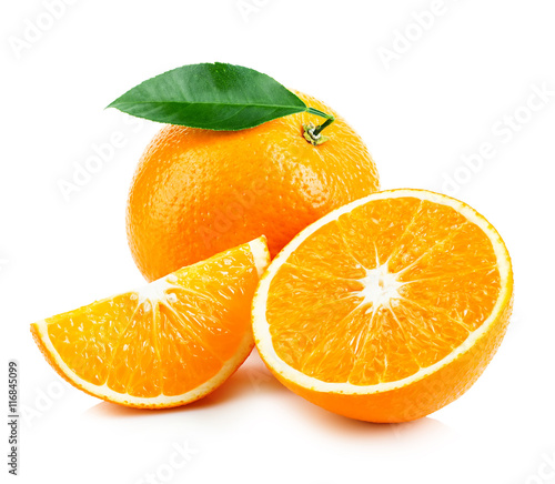 Orange fruit with leaf isolated on white background.