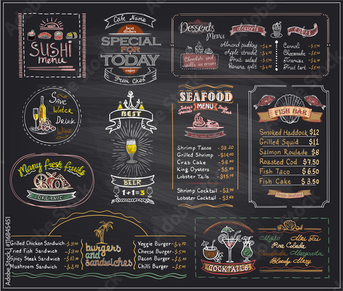 Canvas Print Chalk menu list blackboard designs set for cafe or restaurant