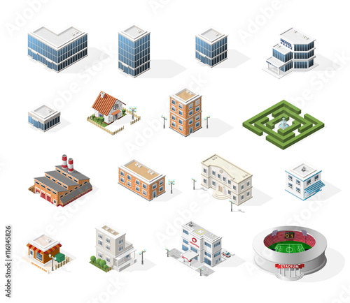 Isometric High Quality City Street Urban Buildings on White Background. 
