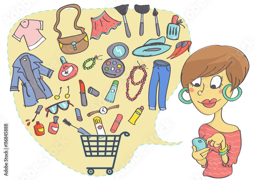 Illustration of online shopping clothes, fashion accessories and cosmetics. Woman shopping with mobile phone.