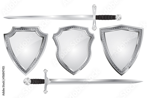 Set of metal shields with swords