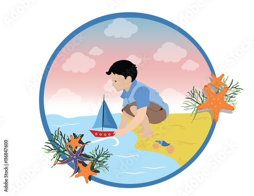Happy Boy playing with a ship Vector Illustration card