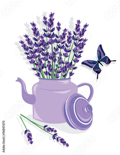 Fototapeta Naklejka Na Ścianę i Meble -  Watercolor illustration of lavender flowers in a Pot. French Provence Vintage flowers and butterfly composition. Floral art for home decoration, organic shop. Natural flowers in retro style. Vector