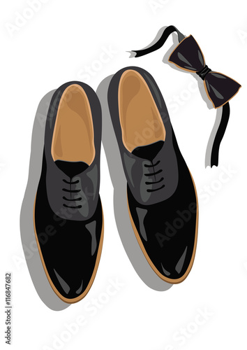 Black classic male shoes top view. Black elegant shoes and bow Vector