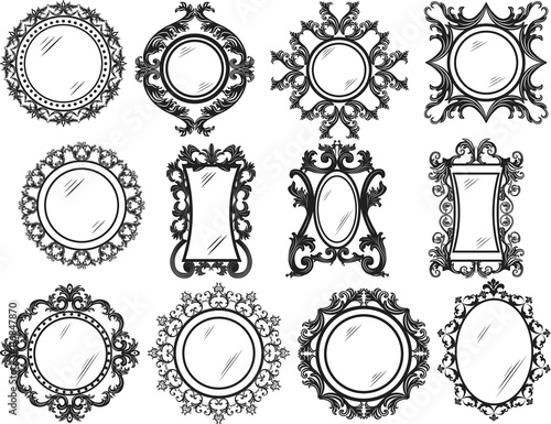 Set of Vintage Retro Round Vector frames. Black and white ornamented workframe
