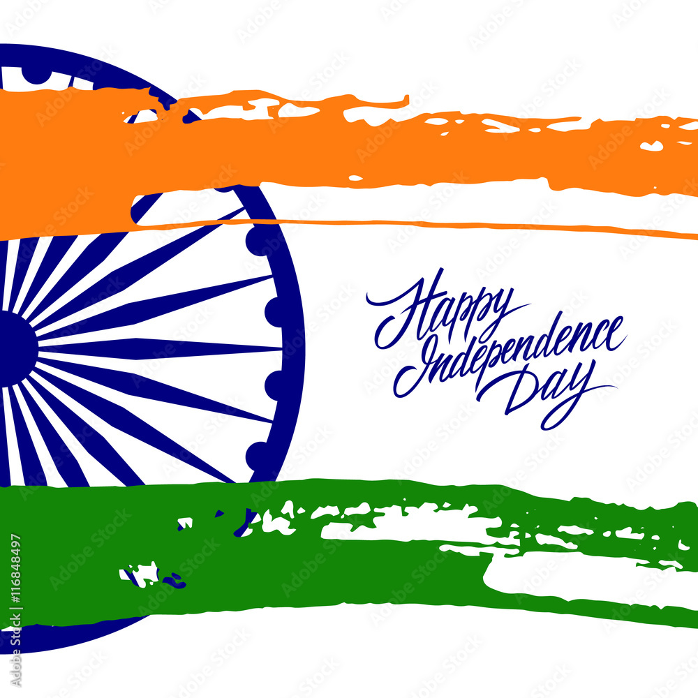 Indian Independence Day greeting card with Ashoka wheel and brush strokes in national flag colors. Vector Illustration.