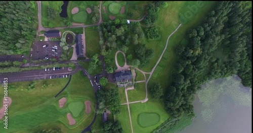 ESPOO, UUSIMAA, FINLAND, JUNE 3 Cinema 4k rising aerial view on golf course and bodom mansion, in Espoo, Finland photo