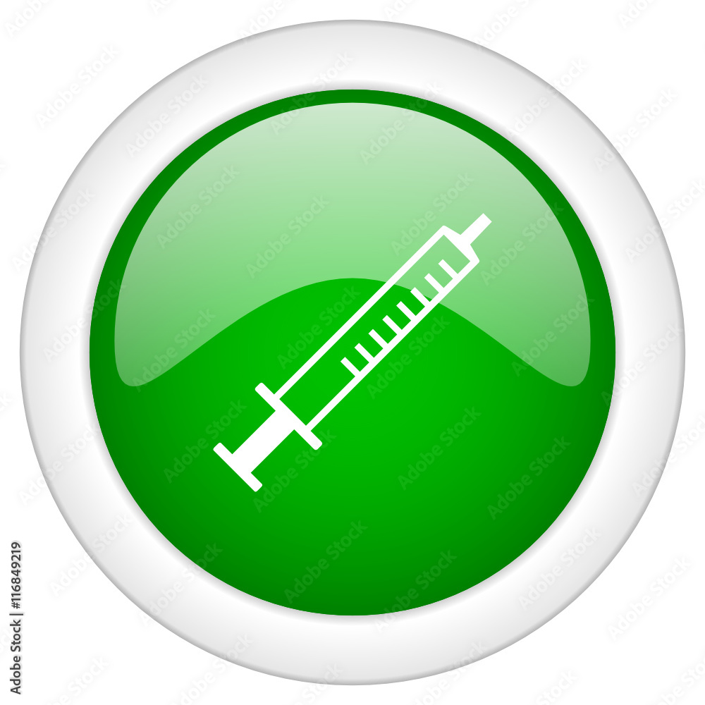 Green glossy round syringe vector web icon Green glossy round syringe vector web icon