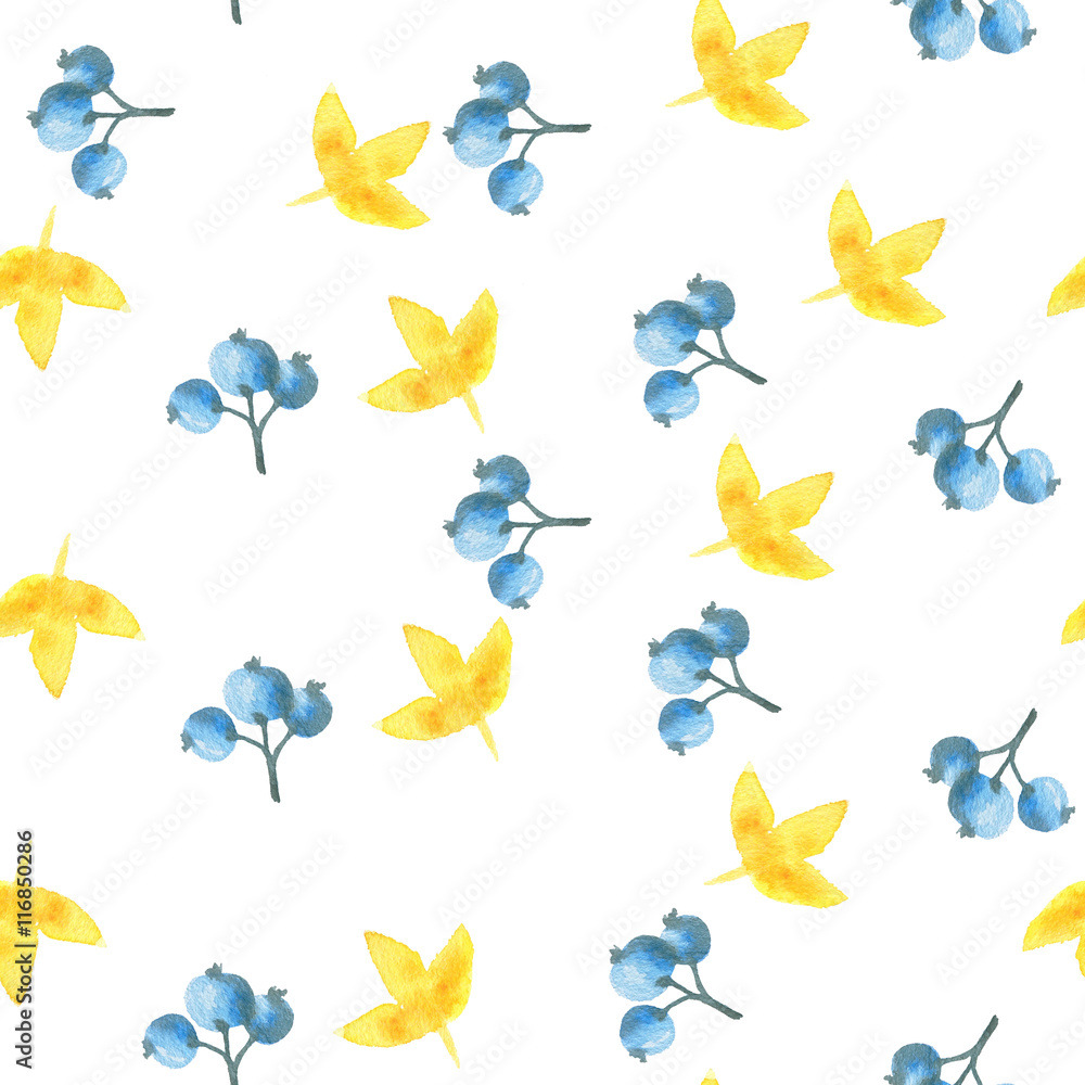 background. Hand painted watercolor. Yellow, blue berries