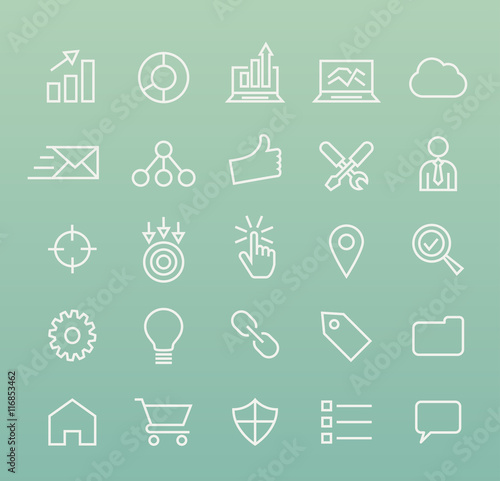 Set of Isolated Quality Universal Standard Minimal Simple White SEO and Development Thin Line Icons on Color Background. 