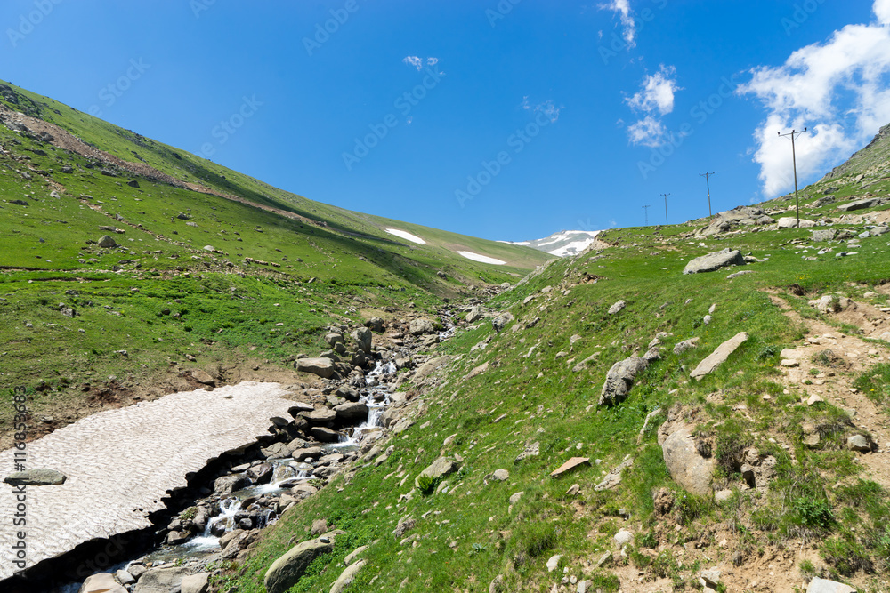 Beautiful mountain landscape, with mountain peaks covered with g Beautiful mountain landscape, with mountain peaks covered with g