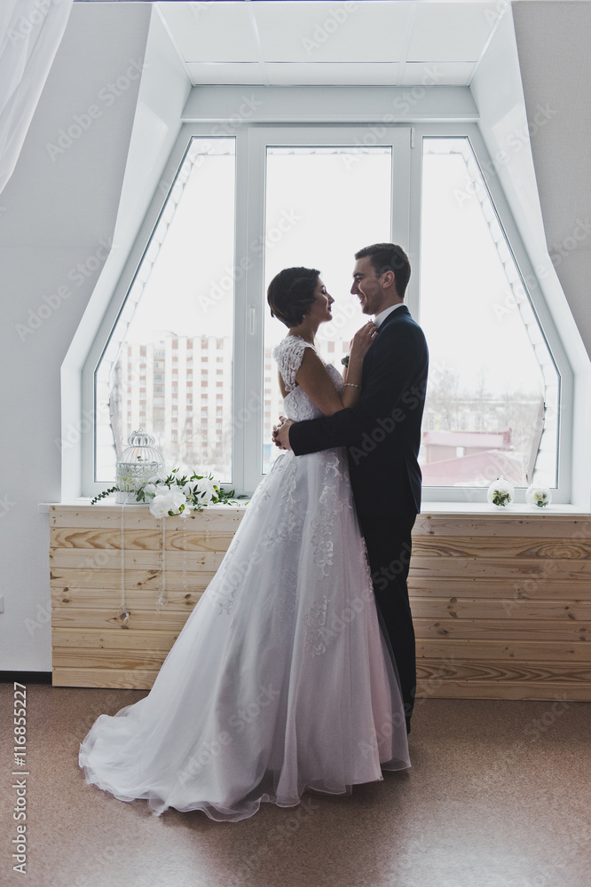 Portrait of the newlyweds embracing against a large window 6456. Portrait of the newlyweds embracing against a large window 6456.