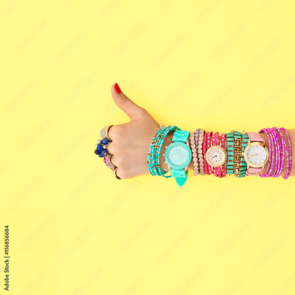 Fashion. Accessories fashion Set. Female hand YES Gesture Stylish