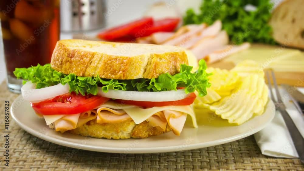 Slow Motion shot of a sandwich being made. Slow Motion shot of a sandwich being made.