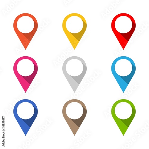 Set of colored map pointers with long shadow. Isolated