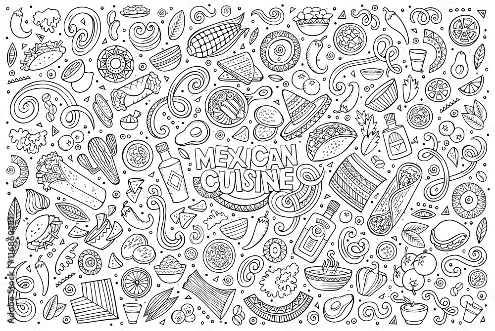 Doodle cartoon set of Mexican Food objects