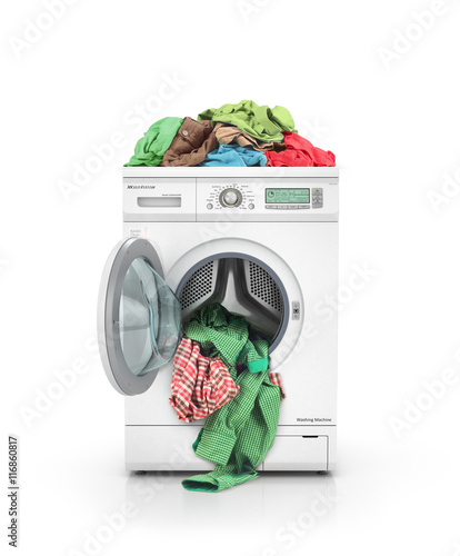 Obraz na plátne Clothes falling out of the washing machine with clothing on mach